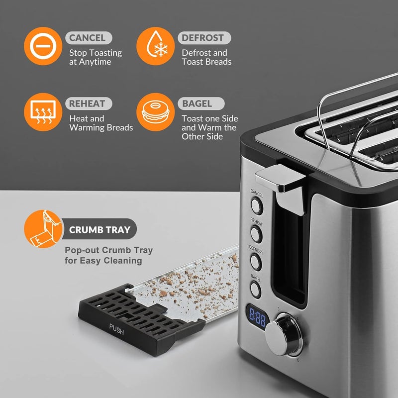 Mecity Toaster 2 Slice Stainless Steel Body, Timer, Bagel, Defrost, Reheat, Cancel Functions, Warming Rack, Removable Tray, 6 Browning Settings, Extra Wide Slots, Bread Toaster 800W - Image 2